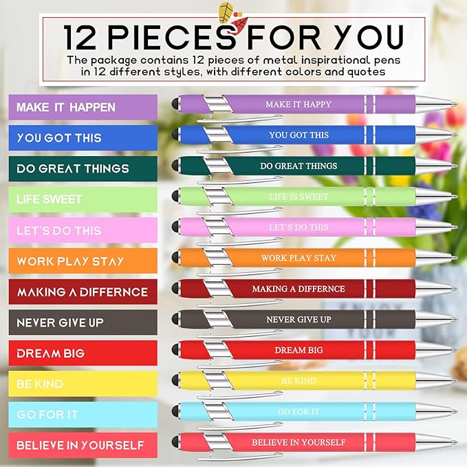 Zonon 12 Pcs Inspirational Pens Bulk Funny Ballpoint Pen with Stylus Tip Motivational Gifts for Valentine's Day Teacher Coworkers Nurse School Office Supplies(Assorted Color,Motivational Style)