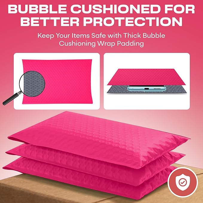 Fuchsia Small Poly Bubble Mailers 6x10 inch #0 | Self Seal Padded Envelopes | Cushioned Bubble Mailer | Usable Size 6x9 | WaterProof | Lightweight mailing Shipping Bags | 250 Pack Bulk | Made in USA