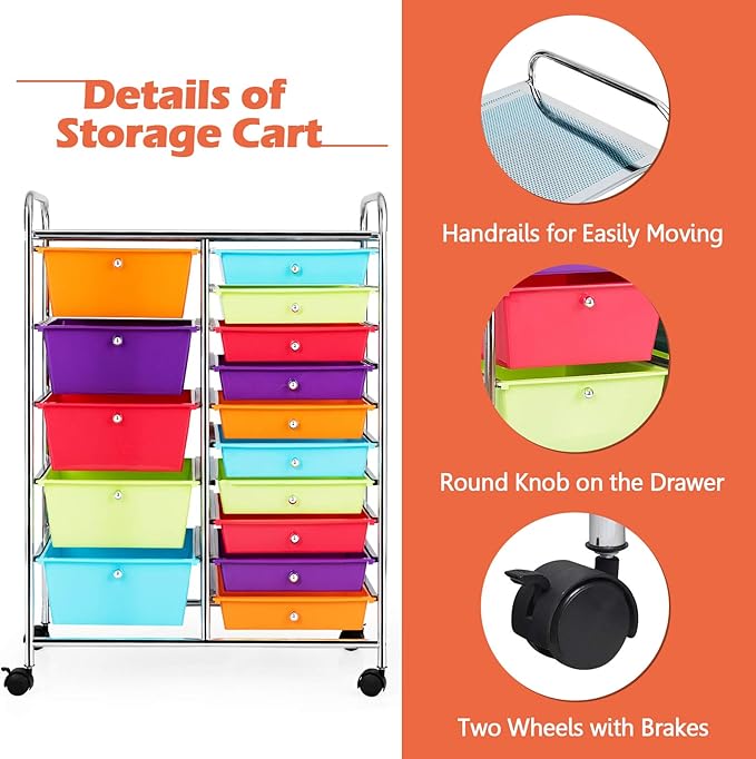 GOFLAME 15-Drawer Rolling Storage Cart, Craft Storage Cart with Removable Drawers & Lockable Wheels, Art Cart Supply Storage Organizer for Home Office Classroom, Multicolor
