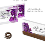 Artblox Personalized Office Desk Name Plate and Business Card Holder | Clear Acrylic Glass with Teak Wood Stand | Purple Orchids Design Customized with Your Name and Credentials Office Desk Decor