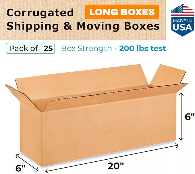 Long Shipping & Moving Boxes 20"L x 6"W x 6"H (25-Pack) - Extra Strength 200 lb vs Regular - Corrugated Boxes for Packaging Moving - Packing Box for FEDEX - Cardboard Box by IDL Packaging