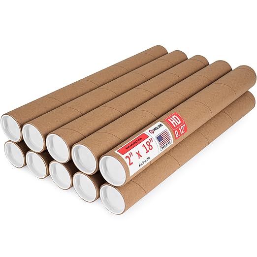 Paclord 2" x 18" Heavy-Duty Reinforced Cardboard Mailing Tube, Pack of 10 Tubes with 20 Caps – Secure USPS Approved – Great for Shipping and Storing of Prints, Artwork, Posters or Documents