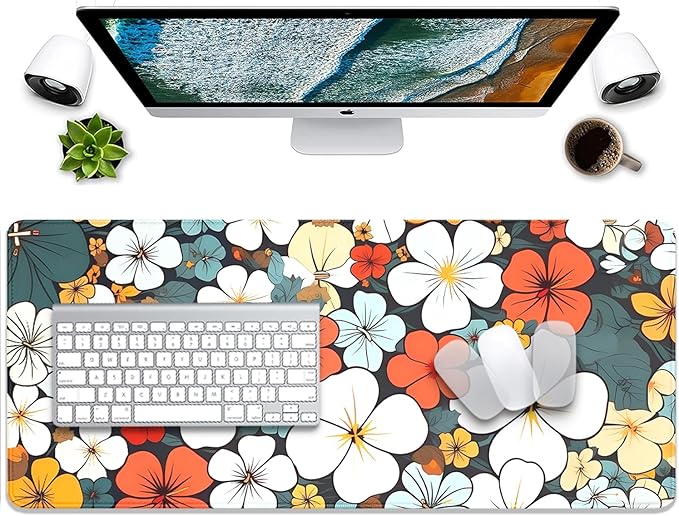 Boho Abstract Floral Mouse Pad Desk Mat,27.5X11.8 in Extended Gaming Mouse Pads with Stitched Edges,Non-Slip Waterproof Rubber Base Mouse Mat for Office,Computer,Keyboard,Laptop and Home Desk Mat