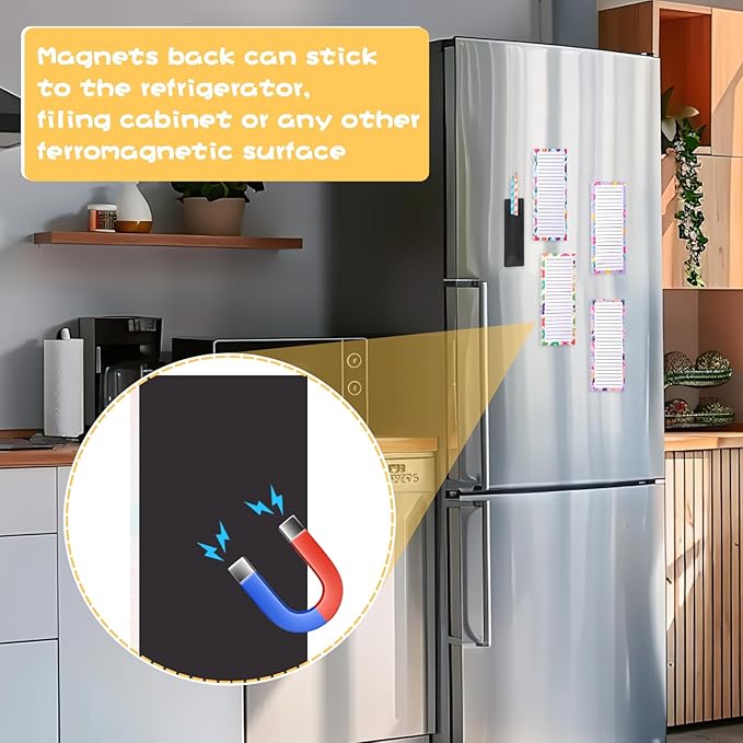 Thboxes 4 Pack Magnetic Note Pad for Fridge with Pen Holder, Totally 200 Sheets Grocery List Magnet Pad for Refrigerator Magnetic Shopping List Pad（Floral Design）