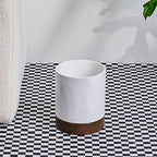 Polytree White Marble and Brown Wood Round Wastebasket, Resin Small Round Bathroom Trash Can 2.5 Gal(9 Liter) Small Kitchen Garbage Can,Living Room Bedroom Trash Can, Decor Wastebasket for Home Office