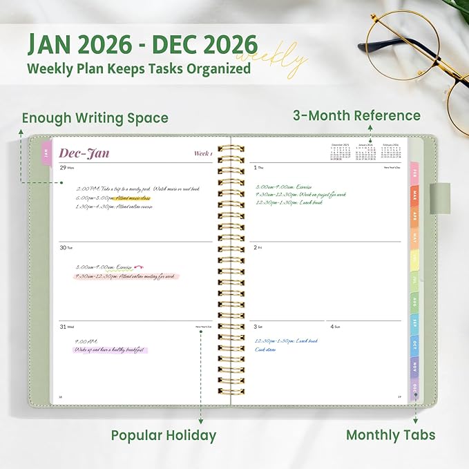 2026 Planner, Annecy Weekly ＆ Monthly Planner 2026, Jan. 2026 – Dec. 2026, 6.4" x 8.5" Monthly Agenda Planner with Tabs, Vegan Leather Cover, Spiral Binding, Double-sided Pocket, Bookmark, Green