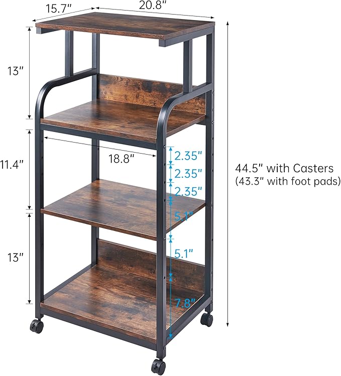 Fannova 4-Tier Printer Stand with Adjustable Storage Shelf, Large Tall Printer Table with Wheels for Home Office Small Spaces Organization, Rustic Brown