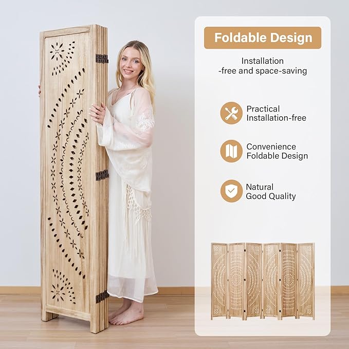 5.6 Ft Folding Room Divider, Portable Privacy Screen & Partition, No Assembly Required for Use as Cat Litter Box Cover, Clutter Hider, Room Separator, 6 Panels (Natural)