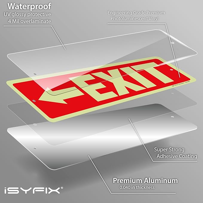 iSYFIX Exit Signs with Directional Left Arrow, Glow in the Dark, Photoluminescent Aluminum 12x4 Inch - 2 Pack, Laminated for UV & Weather Resistance, Ideal for Offices, Schools, Theaters & More
