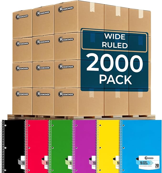Rosmonde 2000 Packs (Pallet) 1 Subject Notebooks, Spiral Notebook Bulk, Wide Ruled, Pallet of Notebooks, 70 Sheets (140 pages), 8 x 10-1/2",Bulk Spiral Notebooks for School & Office, 4-7 Days Transit