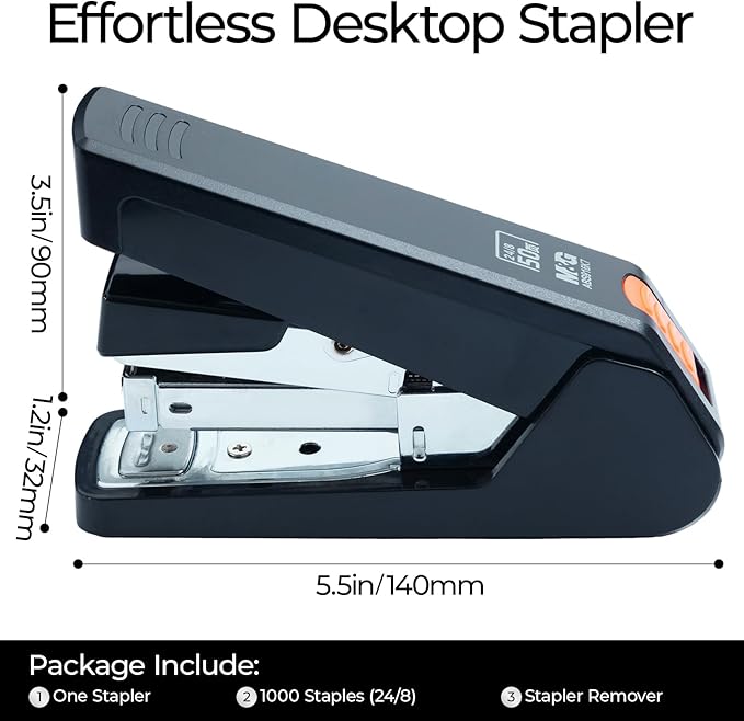 M&G Effortless Stapler 50 Sheet Capacity One-Touch Stapling, Heavy Duty Desktop Stapler Includes 1000 Staples and Remover, Portable Handheld Staplers for Home Office (Black)