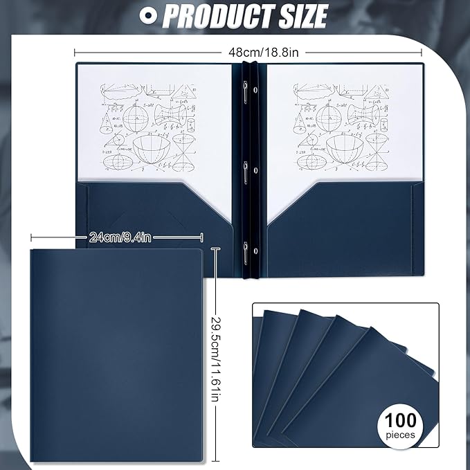 Lincia 100 Pcs Plastic Folders with Pockets and Prong Folders with Prongs 2 Pockets for Office, School for Students, Teachers, Office Workers(Navy Blue)