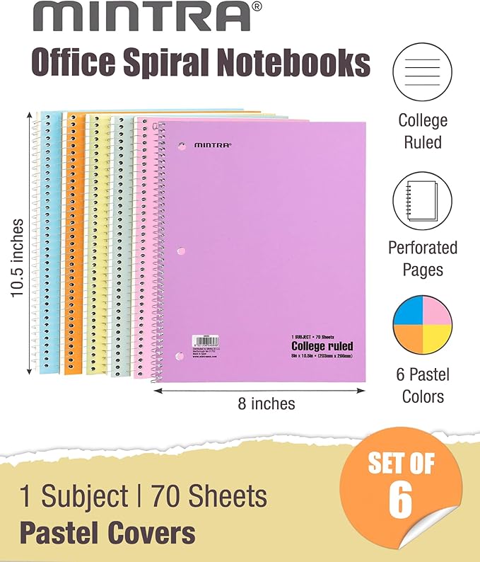 Mintra Office Spiral Notebooks - 1 Subject, 70 Sheets, College Ruled, 8in x 10in, Bulk Pack, Pastel Covers, Set of 6 - for School, Office, Business, Professional (04693)