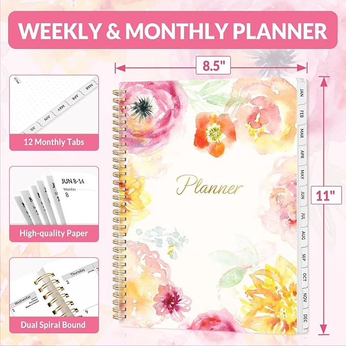 SUNEE 2026 Planner, Weekly and Monthly Calendar Planner, January 2026-December 2026, Daily Agenda with Tabs, Note Pages, Spiral Binding, 8.5"x11", Watercolor Flowers