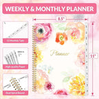 SUNEE 2026 Planner, Weekly and Monthly Calendar Planner, January 2026-December 2026, Daily Agenda with Tabs, Note Pages, Spiral Binding, 8.5"x11", Watercolor Flowers