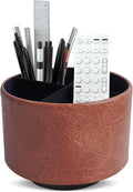 Hennaja Round Leather Art Supply Organizer,Remote Control Holder,360 Degree Spinning,Multi-Functional Pencil Holder,4 Compartments Desktop Stationary Organizer(1-Crazy Red)