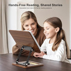 Book Stand for Reading, 360° Rotating Hands Free Book Holder, Adjustable Height and Angle, Page Clip for Cookbook, Recipe, Magazine, Laptop,Tablet, Foldable for Kitchen, Office, School