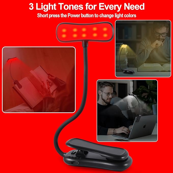 Finezeal 630nm Red Book Light - Zero Blue Light, Rechargeable Clip On Red Reading Light for Reading at Night, Poratble Dimmable LED Book Lamp, Perfect for Travel Nursing Studying(2 Pack)