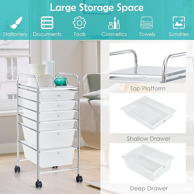 RELAX4LIFE 6-Drawer Rolling Storage Cart - Classroom Organization on Wheels w/Removable Plastic Drawers, Mobile Art Craft Cart for School Paper Home Office, Utility Cart with Drawers (Clear)