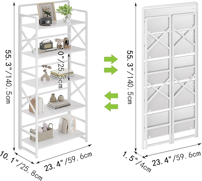THKKY No Assembly Folding Bookshelf, 5 Tiers Vintage Wood Collapsible Book Shelf for Storage,Industrial Metal Foldable Bookcase Organizer for Living Room Bedroom Home Office (White)