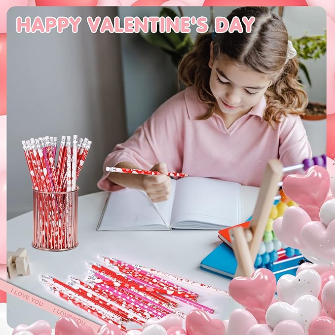 emzrivo 24 PCS Valentines Pencils Bulk Holiday Pencil with Top Erasers Wood Pencils for Classroom, 4 Style(24)