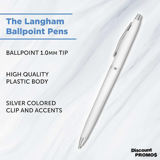 DISCOUNT PROMOS Langham Ballpoint Ink Pen - Set of 10 Writing Pens for Work - Cool Pens for Writing, Black Ink, White