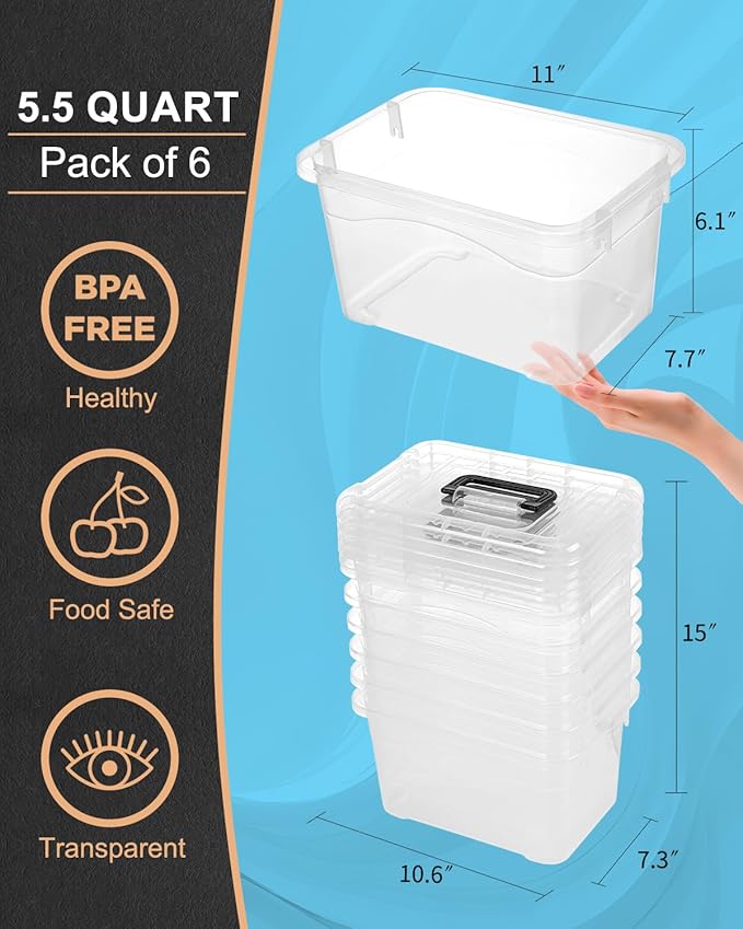 EOENVIVS Plastic Storage Bins 7 Quart-Storage Organizer Bins with Black Buckle Lids, Stackable Storage Bins with Lids for Home Office Kids Room Closet School Art Organization