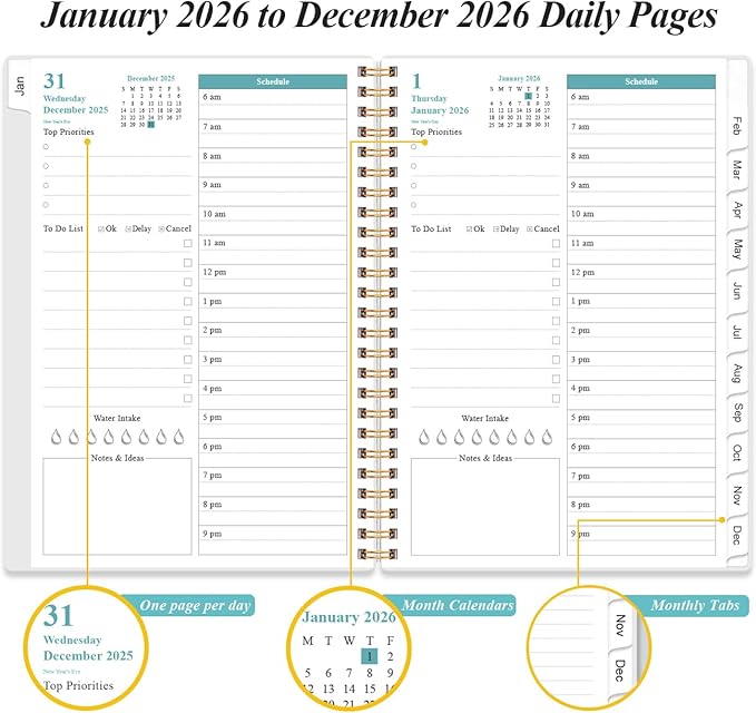 Daily Planner 2026 Full Page Per Day- 2026 Daily & Monthly Planner from January 2026 to December 2026, Day Planner 2026 with 12 Months Tabs, 6.4" x 8,5", Black Flowers