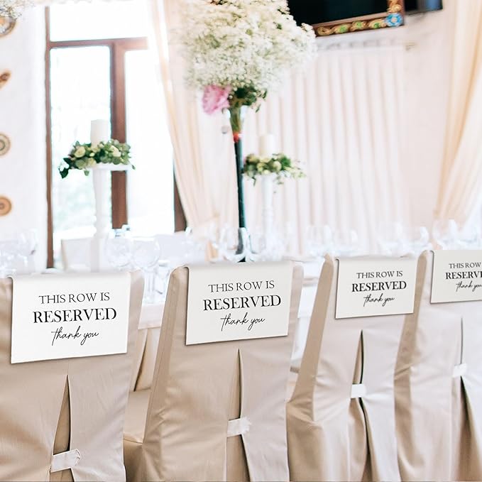 ChissNook Reserved Seating Chair Signs, This Row Is Reserved Pew Cloths Seating Placeholder for Church Pews, Wedding Decorations for Reception Parties Celebrations Event Meetings (White, 4 PCS)