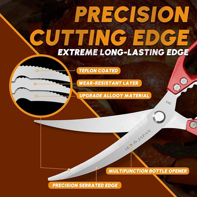 HUUSK Kitchen Scissors Set Red - Stainless Steel Kitchen Shears, Sharp Meat Scissors Dishwasher Safe, Heavy Duty Poultry Shears All Purpose, Japanese Cooking Scissor for Food,Christmas Gifts for Women