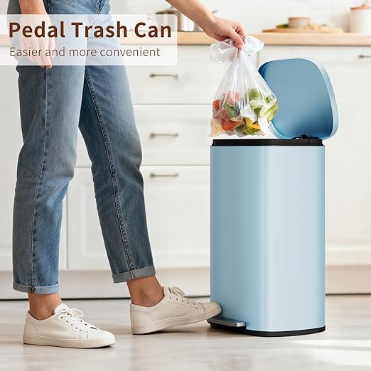 PayLessHere Stainless Steel Trash Can with Lid - Removable Inner Bucket, Foot Pedal Soft Close for Office, Home, Kitchen Garbage Bin (Blue, 13 G)