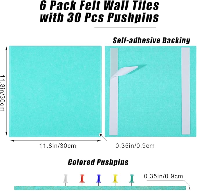Large Cork Board 36" x 24", 6 Pack Felt Wall Tiles with Colored Pushpins, Bulletin Board with Removable Self-Adhesive Strips, Pin Board Cork Boards for Walls Office Home-Lake Blue