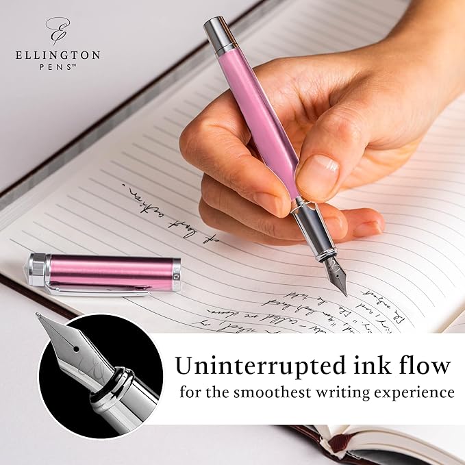 Ellington Pens Luxury Fountain Pen Set - Extra Fine Nib - Includes 3 Ink Cartridges, Refillable Ink Converter, Gift Box - Fountain Pens For Writing, Calligraphy, Journaling, Sketching (Rosy Flair)
