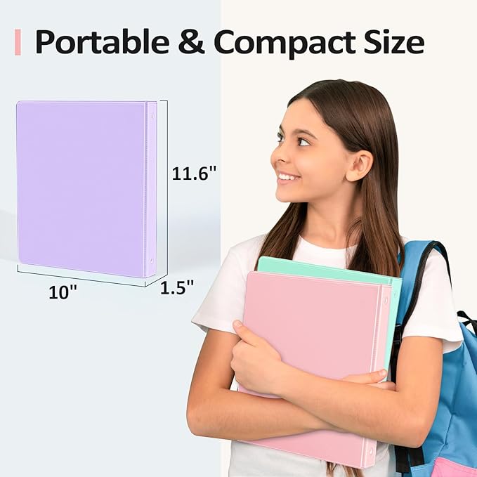 BinderX Extra Durable 1.5 Ring Binder, Round Ring 1.5 Inch Binders, Fits 325 Sheets of 8.5x11 Paper, Customizable View Cover with Inside Pockets, Cute 1.5" Binder, School Supplies for Girls, Lavender
