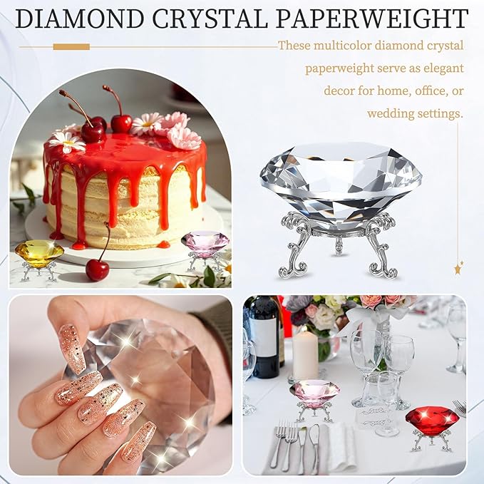 PATIKIL Diamond Crystal Paperweight, 100mm / 3.94" Crystal Paperweight Paper Weight with Silver 25 Metal Base for Home Office Desktop Table Decor Wedding Party Ornaments, Clear