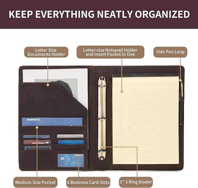 Geslun Personalized Genuine Leather 3 Ring Binder, Custom Engraved 8.5 x 11 Letter Size Folio with Pen Holder, Soft Notebook Portfolio Cover, Notepad Padfolio Organizer for Meeting, Dark Brown