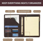 Geslun Genuine Leather 3 Ring Binder, 8.5 x 11 Letter Size Folio with Pen Holder, Soft Notebook Portfolio Cover, Slim Notepad Padfolio Thin File Organizer for Work Executive Meeting, Dark Brown