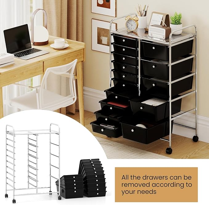 Giantex 15 Drawer Rolling Cart with Drawers, Storage Organizer Cart for Classroom Office School Teacher, Mobile Drawer Cart for Tools, Crafts, Small Printer, Black