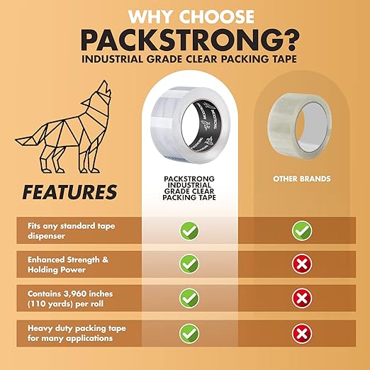 Packstrong Industrial Grade Clear Packing Tape 6 Rolls - Extra Strong - 110 Yards per Roll - 2" Wide x 3.1 mil Thick, Acrylic Adhesive Heavy Duty Tape for Box Office Moving Packaging Shipping