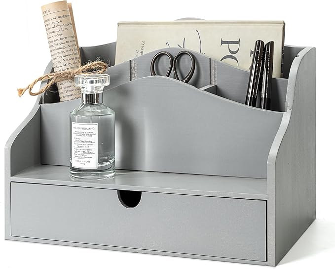 Rebee Vision Pine Wood Mail Organizer for Desk - Minimalist Rustic Style Countertop Mail Sorter for Letters, Files & Magazine - Wooden Folder Organizer with Drawer for Office Desk & Home Decor (Gray)