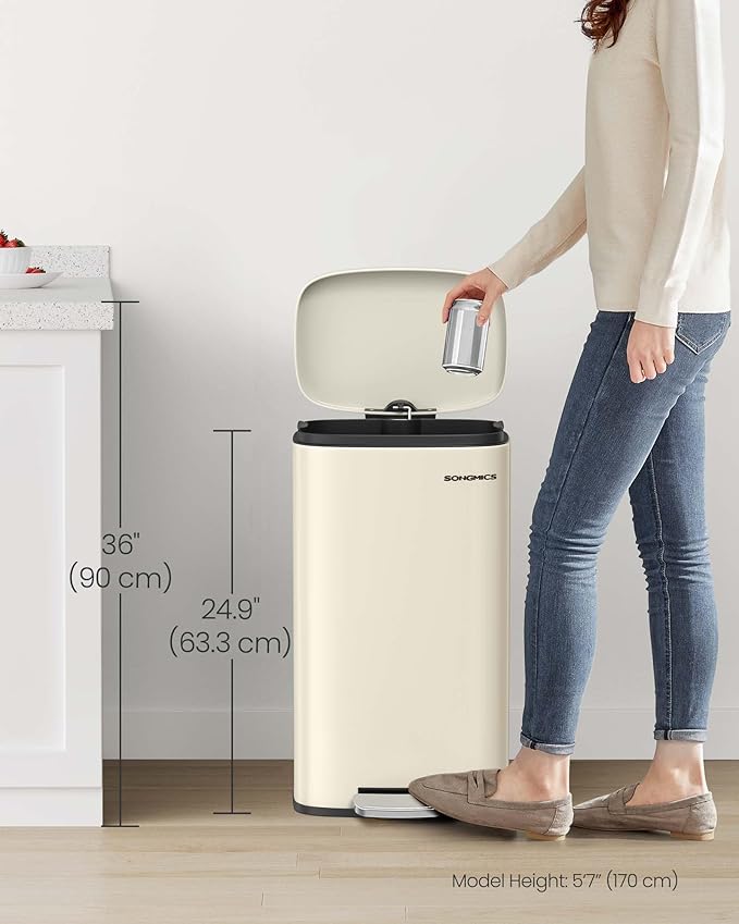 SONGMICS Trash Can with Lid, 8 Gallon Garbage Can, Stainless Steel Small Waste Bin with Step Pedal and Inner Bucket, Soft Close, Kitchen, Sand Beige ULTB003A01