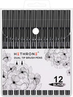 Hethrone Black Markers for Drawing - Brush Pens with Felt Tips for Artists - Calligraphy Pens, 12 Pack