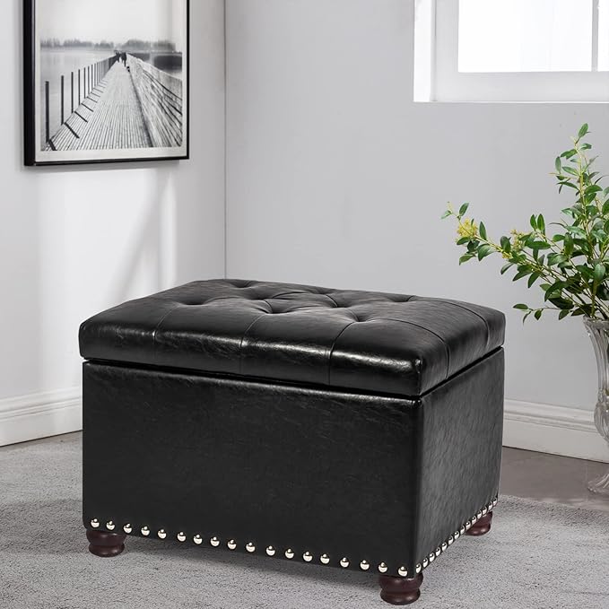 Decent Home 24'' Leather Storage Ottoman Rectangular Foot Rest Stool with Nailhead Trim Chests & Storage Room Organizer for Bedroom Living Room(Black)