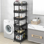 Sywhitta 6-Tier Plastic Rolling Utility Cart with Handle, Multi-Functional Storage Trolley for Office, Living Room, Kitchen, Movable Storage Organizer with Wheels, Black