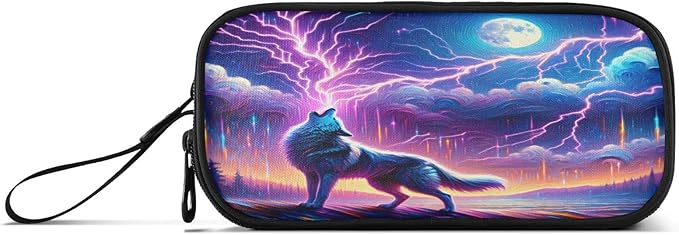 Wolf Howling Moon Lightning Pencil Case Box Boys Girls Large Pencil Pouch with Zipper Compartments Big Capacity Stationery Pen Bag Organizer for Kids Teens Adults School
