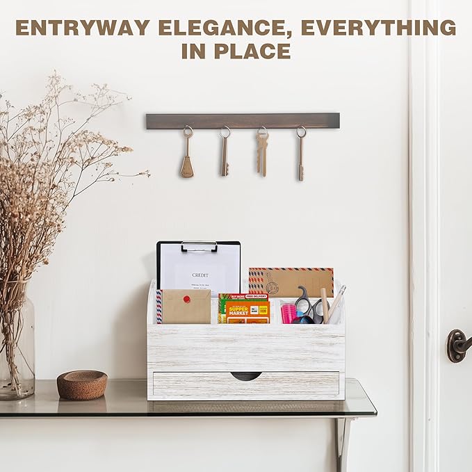 SeekElegant Wood Mail Organizer with Drawer & Pen Holder, White Mail Holder with 5 Detachable Compartments, Desk Organizer for Bill Envelope Storage, for Office Entryway Kitchen Countertop