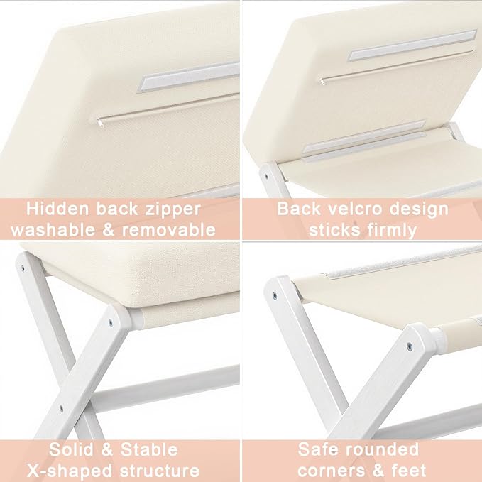 BAMBOOHOMIE Foldable Foot Stool Ottoman, Modern Foot Rest with Bamboo X Legs & Thick Foam Cushion, Folding Foot Stools Small Padded for Bedroom Living Room, Footstool for Chair Couch (White - White)