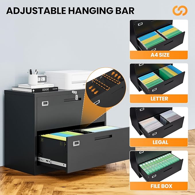 AFAIF 2 Drawer File Cabinets for Home Office, Metal Filing Cabinet with Lock, Black Locking File Caninet Two Drawer, Office Storage Caninets Steel Cabnet for Letter/Legal/A4/F4-Assembly Required