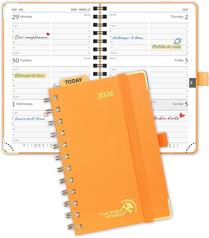 POPRUN 2026 Pocket Planner with Hourly Time Slots for Purse, (Small Size-4'' x 6.25'') - Daily Weekly and Monthly Calendar Agenda 2026 Appointment Book with Inner Pocket, 100 GSM - Orange
