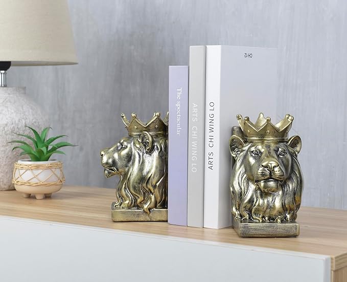 Kakizzy Vintage Gold Lion Book Ends,Animal Decorative Bookends,Resin Book Holder,Luxurious Book Ends for Shelves Rooms Office Home Decor,Unique Book Lover Gift(Gold Lion)